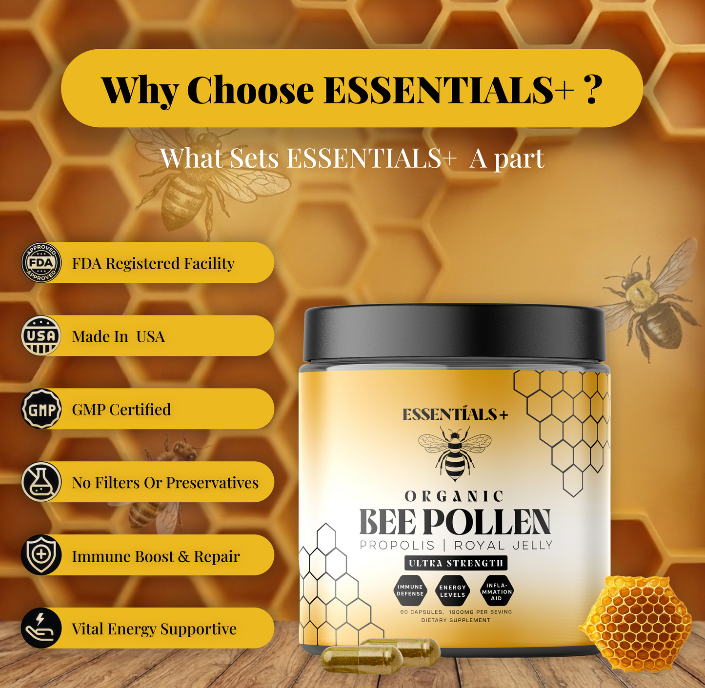 Essentials+ Bee Pollen Capsules 50 Count