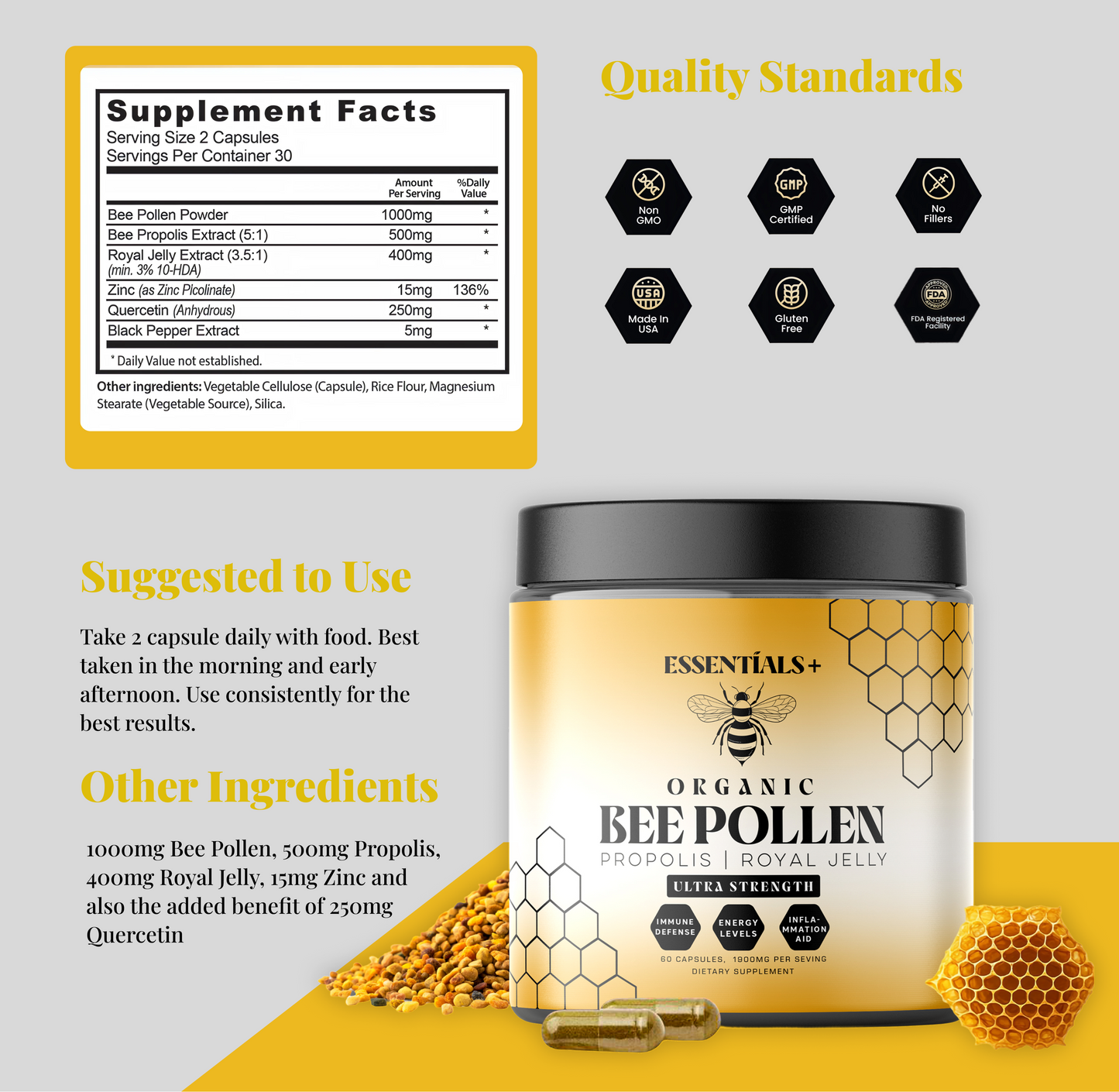 Essentials+ Bee Pollen Capsules 50 Count